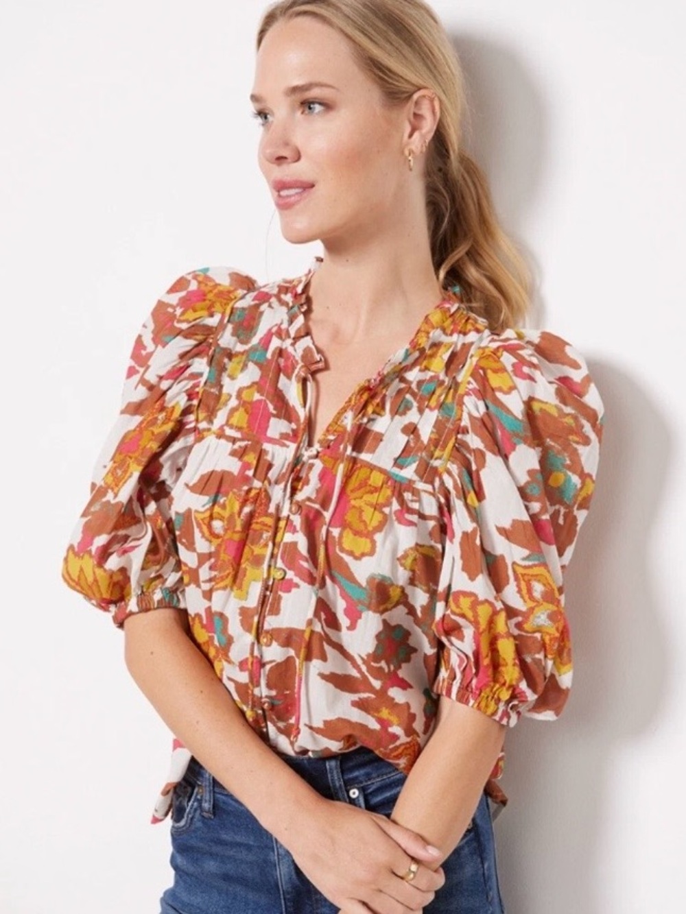 Evereve Cleobella Zola Rust Gold Green  Floral Puff-Sleeve Peasant Boho Top Med